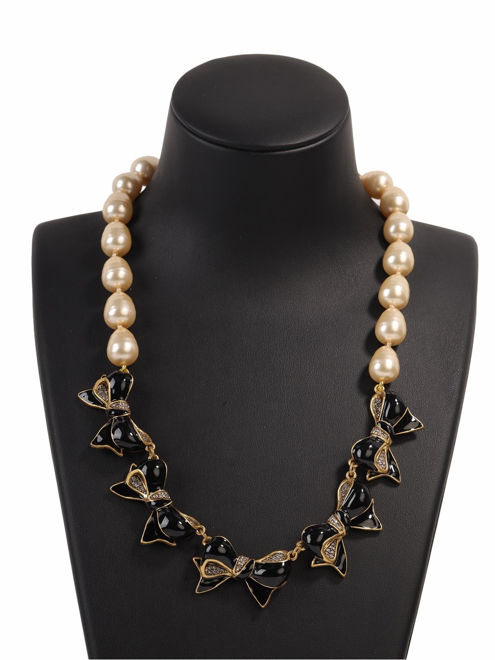 Pearl and Black Enamel Bow Necklace - Elegant Women's Jewelry